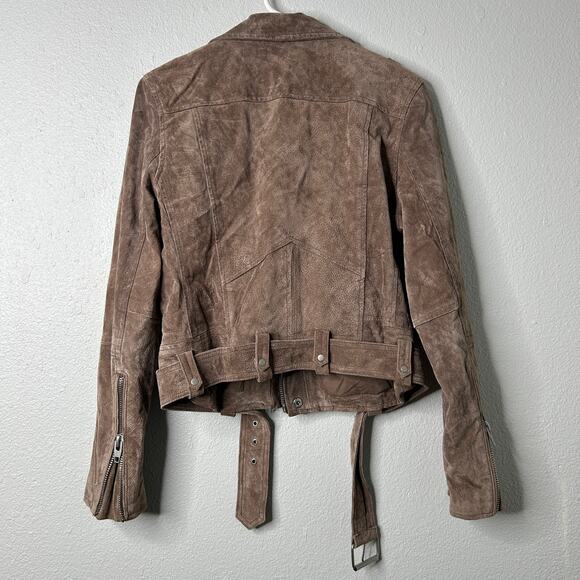 Blank NYC French Taupe Cropped Suede Moto Jacket Size M Belted Leather - Picture 9 of 10
